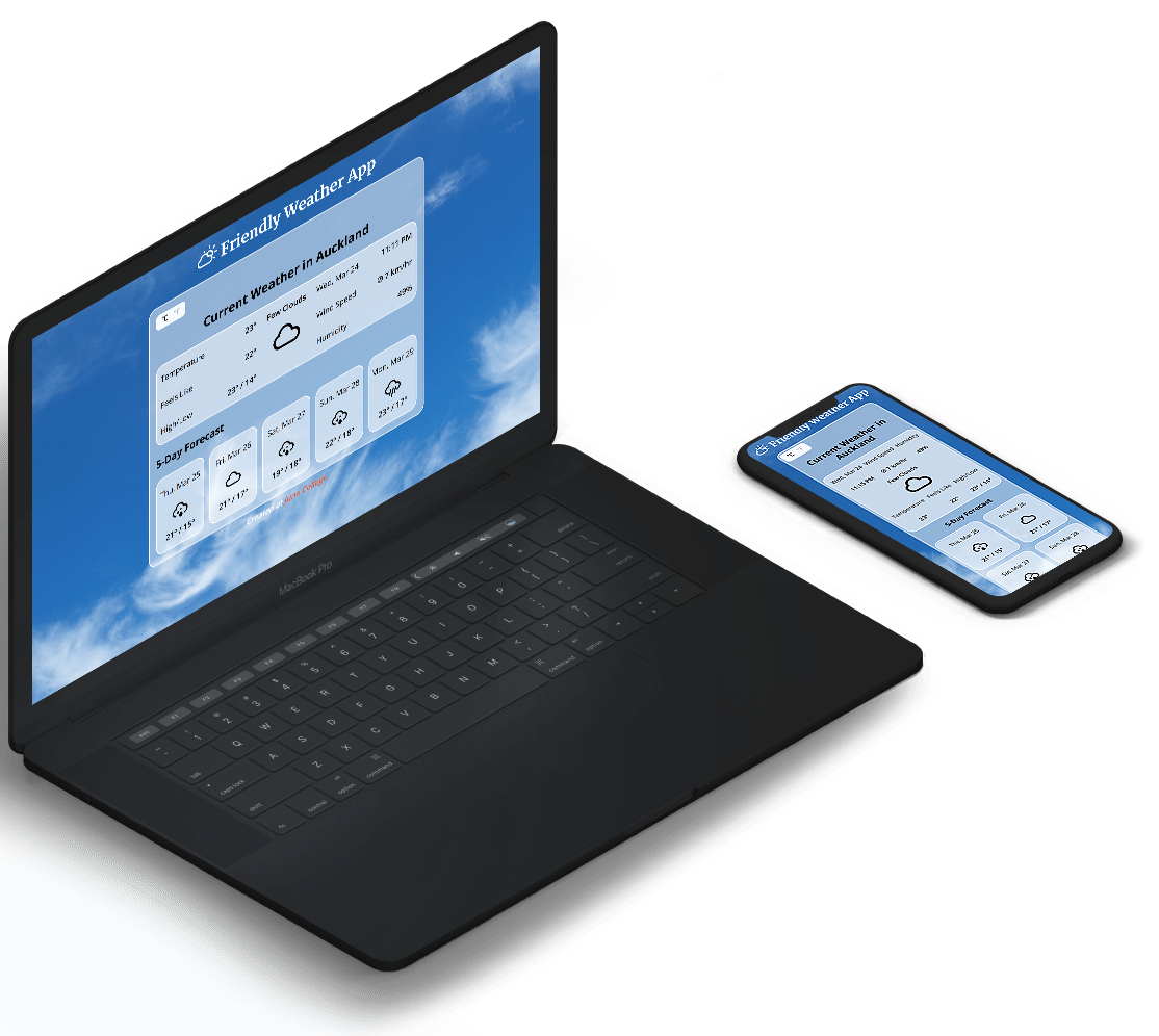 Mockup of 'Friendly Weather App' on a MacBook Pro and iPhone